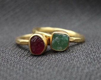 Raw Apatite And Ruby Ring In 925 Sterling Silver, Handmade Double Stone Ring For Women, Unique Gemstone Jewelry, Gift For Her, Boho Style