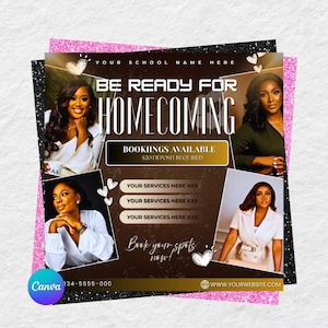 Homecoming Booking Flyer Template: Hair, Lashes, Nails (Canva Editable, Digital Download)