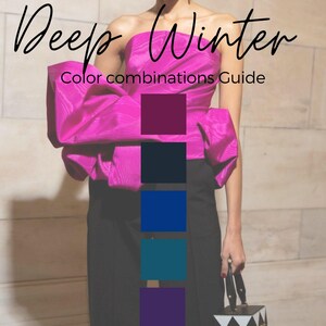 May include: A woman wearing a fuchsia pink top with a bow and black pants. A color guide for Deep Winter color palettes shows a deep purple, black, dark blue, teal, and a lighter purple.