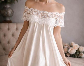 Camisón de algodón color marfil / Lencería nupcial de encaje transparente, vestido de playa con escote drapeado