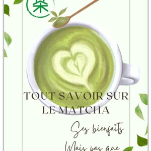 Puede incluir: Un latte matcha verde con un diseño de corazón en una taza blanca. El texto "TOUT SAVOIR SUR LE MATCHA" está escrito en negro sobre un fondo blanco. El texto "Ses bienfaits Mais pas que" está escrito en negro sobre un fondo blanco. El texto "MON GUIDE" está escrito en negro sobre un fondo blanco. El texto "MATCHA" está escrito en negro sobre un fondo blanco. El texto "茶" está escrito en verde sobre un fondo blanco. El texto "By Lili M" está escrito en negro sobre un fondo blanco.