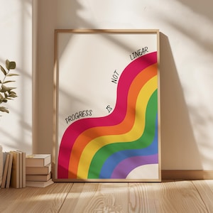 May include: A framed art print featuring a rainbow-colored wave design. The artwork includes the text "Progress is not linear" in black script. The print is displayed in a light-colored wooden frame.