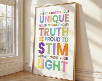 Neurodiversity Affirmation Poster – Be Proud to Stim Wall Art | Autism ADHD Self Acceptance Print | Therapy Classroom Decor