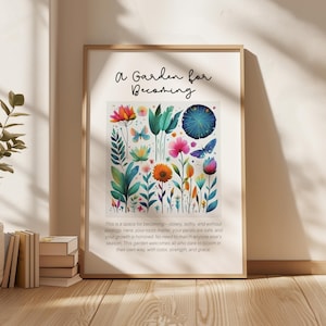 May include: A framed wall art print featuring the text A Garden for Becoming at the top and a paragraph of text at the bottom. The centre displays a colourful illustration of various stylised flowers, leaves, and two butterflies in shades of blue, pink, orange, and green.