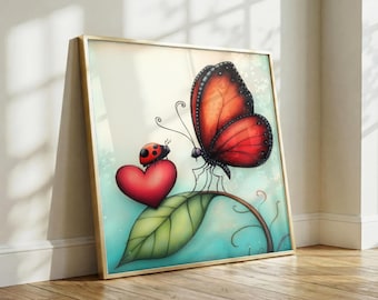 Butterfly & Ladybug Heart Wall Art | Colorful Kids Room and Nursery Decor | Cute Nature Print | Positive Digital Art