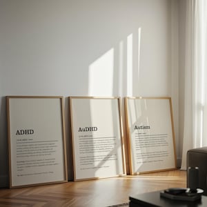 Conjunto de pósteres con definiciones de neurodiversidad: autismo, TDAH, AuDHD (descarga digital)