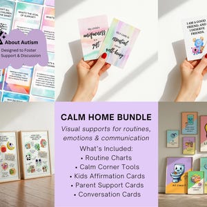 Puede incluir: Un conjunto de materiales educativos para niños, que incluyen tarjetas didácticas, tarjetas de afirmación y apoyos visuales. La imagen presenta tarjetas coloridas con texto e ilustraciones, junto con gráficos y carteles enmarcados.
