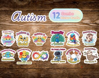 Neurodiversity Sticker Bundle x12 | Cute Autism & ADHD Stickers, Kawaii Mental Health Decals, Waterproof Vinyl Gift Set