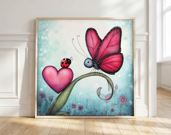 Butterfly & Ladybug Wall Art for Kids | Cute Nature Nursery Decor | Colorful Kids Room Poster | Whimsical Digital Print