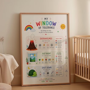 May include: A framed poster titled "My Window of Tolerance" with colorful illustrations. The poster includes a rainbow, sun, volcano, open window, and a sleeping turtle. Text describes feelings and helpful strategies for managing emotions.