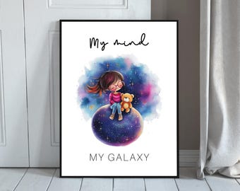 Autism Girl Astronaut Poster – Teddy Bear Galaxy Wall Art (Digital Download)