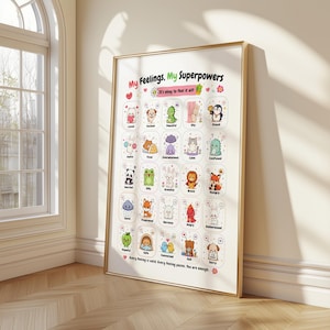 Può includere: Un poster incorniciato intitolato My Feelings, My Superpowers con il sottotitolo It's okay to feel it all. Il grafico presenta venticinque animali dei cartoni animati illustrati in riquadri individuali, ciascuno etichettato con un'emozione.