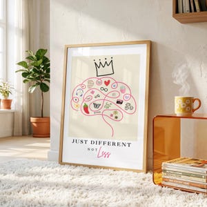 May include: A framed wall art print featuring a beige background with a pink line drawing of a brain topped by a black crown. Inside the brain are small icons including a chili pepper, butterfly, heart, and flowers. Text reads JUST DIFFERENT NOT LESS.