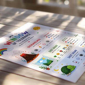 May include: A colorful poster titled "My Window of Tolerance" with illustrations of a rainbow, volcano, window, and sleeping turtle. The poster includes text about managing feelings and finding balance.