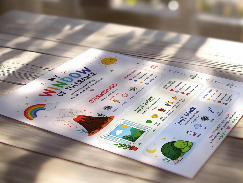 May include: A colorful poster titled "My Window of Tolerance" with illustrations of a rainbow, volcano, window, and sleeping turtle. The poster includes text about managing feelings and finding balance.