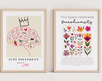 Neurodiversity Wall Art Set – Just Different Not Less, Autism ADHD Inclusive Posters, Floral Brain Prints
