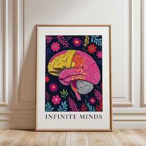 Könnte beinhalten: Ein gerahmter Kunstdruck mit einem stilisierten menschlichen Gehirn in Gelb- und Rosatönen vor einem dunkelblauen Hintergrund, der mit bunten Blumen- und Blattillustrationen gefüllt ist. Der Text "INFINITE MINDS" steht unten in Schwarz.
