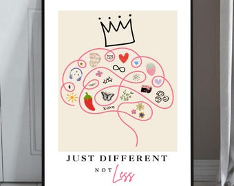 Just Different Not Less Poster | Neurodiversity Affirmation Wall Art Print | Autism ADHD Acceptance Print | Therapy Room & Teen Room Decor