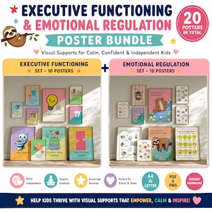 May include: A digital bundle of 20 educational posters featuring executive functioning and emotional regulation themes. The set includes two groups of 10 posters each, displaying colourful illustrations of daily routines, hygiene habits, and emotional check-ins with text.