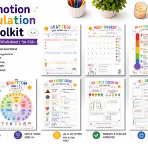 May include: A collection of 17 printable worksheets for kids, designed to build emotional awareness and support self-regulation. The toolkit includes a mood tracker, emotion wheel, and daily check-in sheets. The worksheets are available in A4 and US Letter PDF and PNG files.