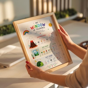 May include: A framed print titled "My Window of Tolerance" with colorful illustrations and text. The print features a rainbow, volcano, open window, and a sleeping turtle, with sections for "Overwhelmed," "Just Right," and "Shut Down."