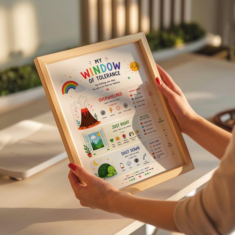 May include: A framed print titled "My Window of Tolerance" with colorful illustrations and text. The print features a rainbow, volcano, open window, and a sleeping turtle, with sections for "Overwhelmed," "Just Right," and "Shut Down."
