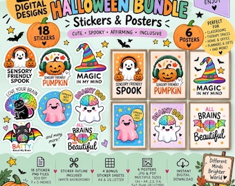 Neurodiversity Halloween Bundle | Autism ADHD Halloween Stickers & Posters | Cute Spooky Wall Art | 24 Printable Designs