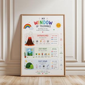 May include: A framed poster titled "My Window of Tolerance" with colorful illustrations. The poster features a rainbow, sun, volcano, open window, and a sleeping turtle. It provides guidance on managing emotions and includes the text "All feelings are okay."