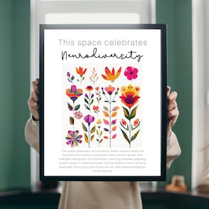 Può includere: Una stampa artistica incorniciata con il testo "This space celebrates Neurodiversity". La stampa presenta illustrazioni floreali colorate. Il testo descrive i valori della neurodiversità, tra cui onorare le esigenze sensoriali e abbracciare i punti di forza.