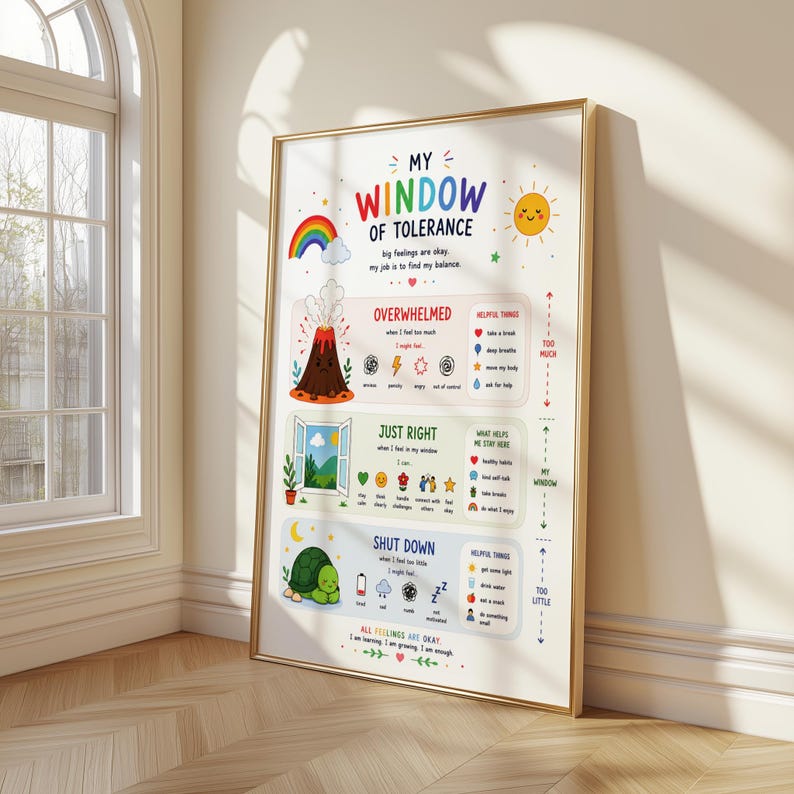 May include: A framed poster titled "My Window of Tolerance" with colorful illustrations and text. The poster features a rainbow, sun, volcano, window scene, and a sleeping turtle. It provides guidance on managing feelings and finding balance.