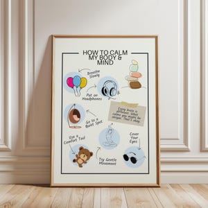 Może przedstawiać: Oprawiony plakat zatytułowany HOW TO CALM MY BODY & MIND z ilustracjami balonów, słuchawek, ułożonych w stos kamieni, wiszącego krzesła, pluszowego misia, rozciągającej się osoby i okularów przeciwsłonecznych z instrukcjami tekstowymi dla każdej czynności.