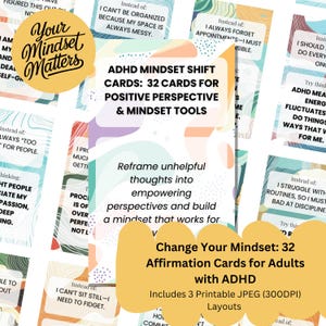 Kaarten met ADHD-mindsetverschuiving – 32 afdrukbare herkaderkaarten voor neurodivergente volwassenen | Hulpmiddel voor emotionele regulatie | Digitale download