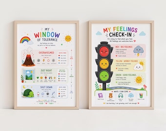 Kids Emotion Regulation Poster Set – Feelings Chart + Window of Tolerance | Calm Corner Bundle | SEL Classroom Therapy Decor