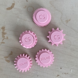 Peut inclure: Cinq objets circulaires rose clair en forme d'engrenage avec des surfaces texturées. Trois engrenages présentent les lettres CS en relief au centre, tandis que deux engrenages présentent le texte 3DLAB en relief au centre. Chaque engrenage a des dents.