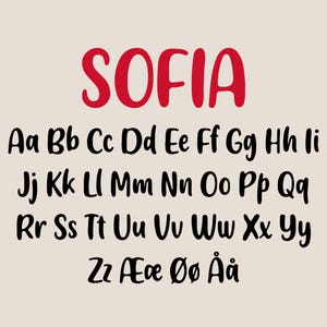 May include: A digital print featuring the name "SOFIA" in red, above a full alphabet in black, including uppercase and lowercase letters, and special characters. The background is a light beige color.