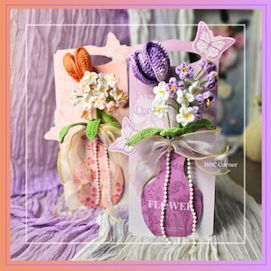 Ramo de flores de crochet único hecho a mano, regalo para el Día de la Madre, regalo de cumpleaños, aniversario, lirio, clavel, ramo de tulipanes, decoración floral.