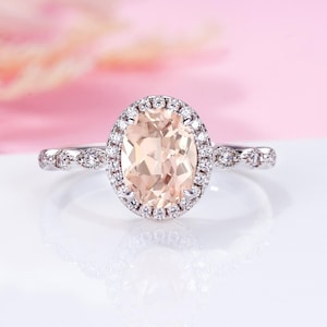 Oval Morganite Ring in 925 Sterling Silver- Engagement Ring- Promise Ring- Peachy Pink Morganite Gemstone Anniversary Birthday Gift for Her