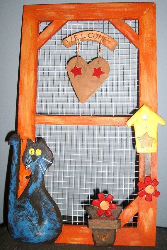 Items similar to Cat on a Screen Door Cat Wall Decor Painted Screen