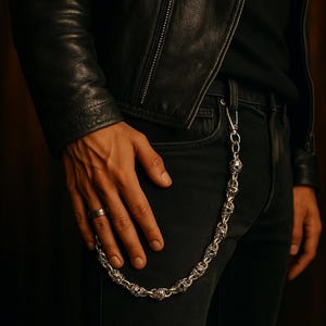 May include: A silver wallet chain with skull-shaped links hangs from a belt loop. The chain is attached to black jeans. The person is wearing a black leather jacket and a silver ring.