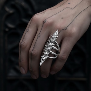 Cyberpunk Skeleton Ring | Gothic Spine Bone Jewelry | Silver Plated Vertebrae | Punk Armor Ring | Edgy Mens Gift | Adjustable