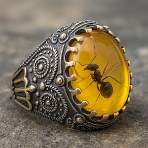 Peut inclure: Bague en argent avec une pierre ovale de couleur ambre. À l'intérieur de la pierre se trouve une fourmi préservée. La bague présente un design orné avec des accents dorés et une bande texturée détaillée.