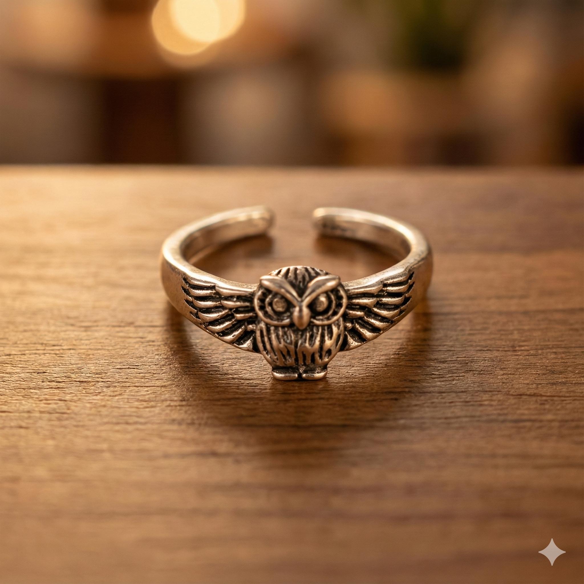 Bague Réglable Chouette Avec Strass Turquoise – Métal Doré Vieilli, Sans Nickel, Neuve