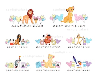 May include: A collection of cartoon illustrations featuring characters from The Lion King. Each image includes characters, cotton candy, and the text "BEST DAY EVER". The illustrations are in a colorful, whimsical style.