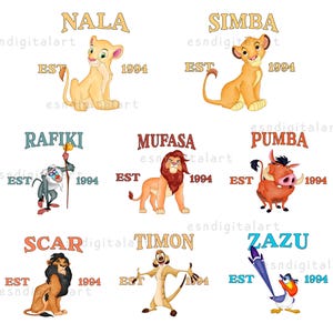 Peut inclure: Une illustration colorée de personnages du film Le Roi Lion. Les personnages incluent Simba, Nala, Mufasa, Pumba, Rafiki, Timon et Zazu. Chaque personnage est étiqueté avec son nom et l'année 1994.