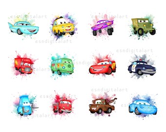 Watercolor Cars Png Bundle, Cars All Characters Clipart, Family Trip Png, Kids Clipart, Family Vacation Png, Cars Watercolor Sublimation