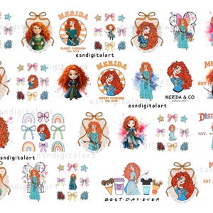 Op de afbeelding: Een verzameling digitale kunstprints met het thema Merida. De ontwerpen tonen Merida in verschillende poses, met strikken, sterren en regenbogen. Sommige prints bevatten tekst zoals "MERIDA" en "BEST DAY EVER". Het kleurenpalet omvat tinten oranje, blauw en groen.