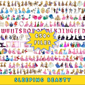 May include: A digital collection themed around Sleeping Beauty. The image showcases numerous illustrations of characters and scenes from the animated film, including Aurora, fairies, and the castle. The image also includes the text "650+ FILES" and "Sleeping Beauty".