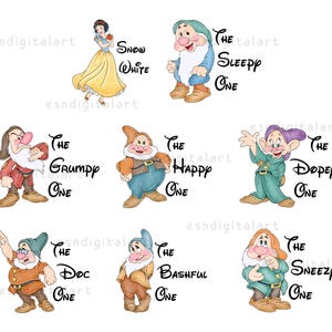 Snow White and Seven Dwarfs Png, Watercolor Clipart, Snow White Printable, Seven Dwarfs Digital, Fairytale Princess Png, Instant Download