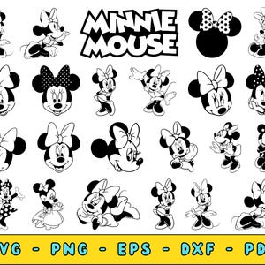 May include: Black and white Minnie Mouse illustrations in various poses, including full body and headshots, with bows and polka dots. The word "MINNIE MOUSE" is displayed in bold, white letters. The bottom of the image has the words "SVG - PNG - EPS - DXF - PDF" in a yellow rectangle.