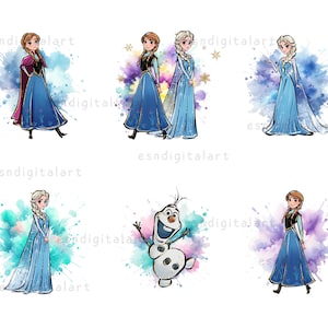 Frozen Elsa Anna Olaf Watercolor Png Clipart, Princess Digital Download, Sublimation Art for Kids Room Wall Decor Print, Frozen Clipart